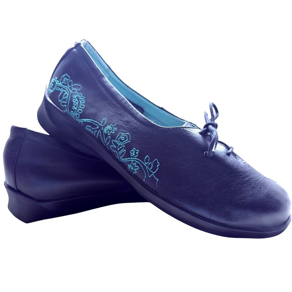 Aetrex Black Leather Embroidered Comfort Shoes Womens Lace Up Flats